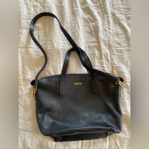 Cuyana Small Navy Leather Top Handle Tote with Strap